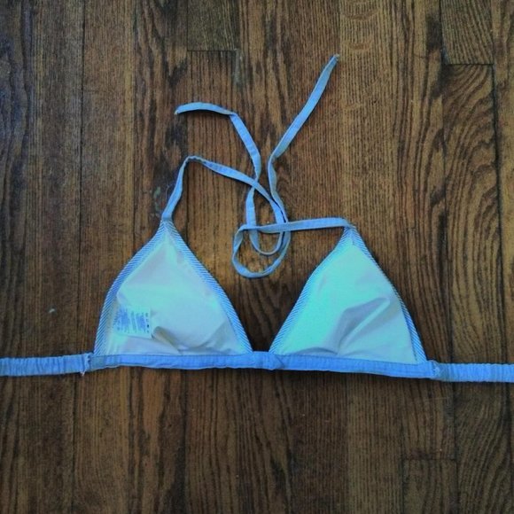 Bikini Swim Top Button Tie Blue White Stripe - Picture 3 of 5